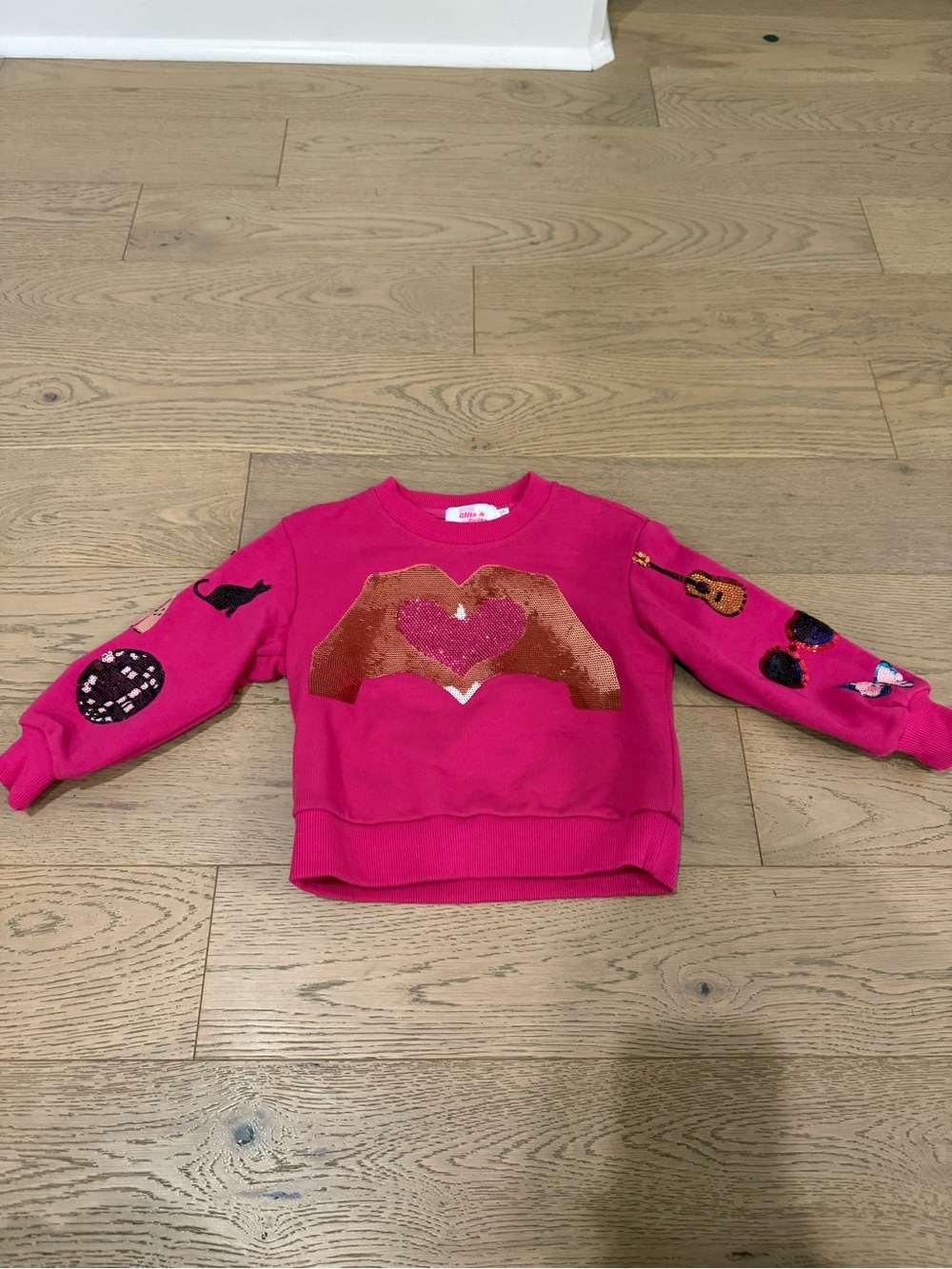 Glitz & Grits Girls 3XS Pink Sequin Sweatshirt Heart Hands Graphic Sleeve
